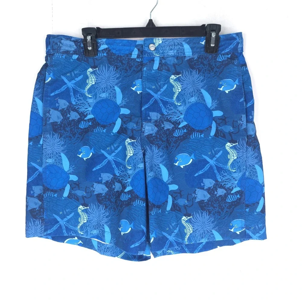 Southern Tide The Skipjack Water Shorts Blue Sea Turtle Seahorse Print Mens M